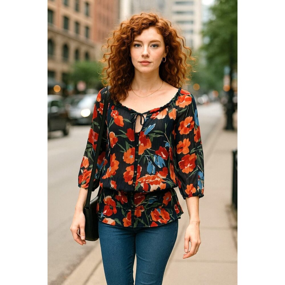 Abercrombie Fitch Large Floral Peasant Sheer Boho Blouse Ruffle Hem Tie Neck